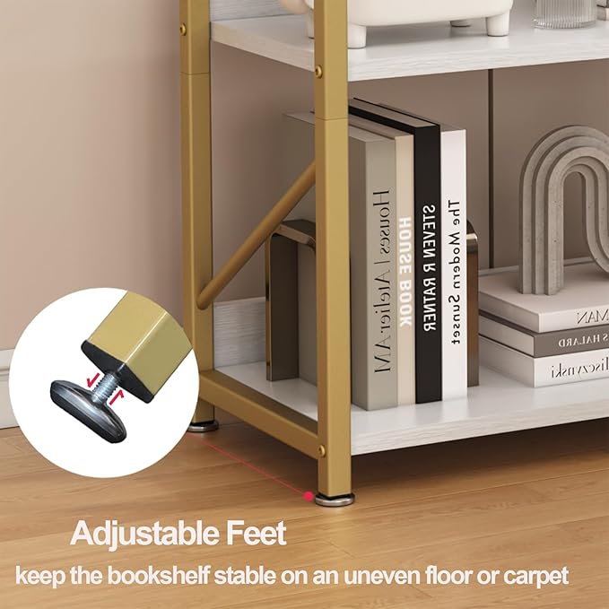 Small Bookshelf for Small Spaces, 3 Tier Bookcase, Narrow Gold Book Shelf, Small Shelf Open Display Rack for Bedroom, Living Room, Home Office,White&Gold