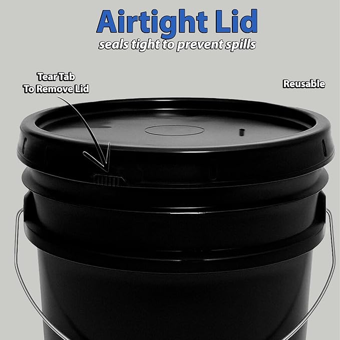 2-Gallon Bucket with Airtight Lid – Made in USA, Food Grade BPA Free Plastic, Heavy Duty Multi-Use, Metal Handle with Grip, Stackable Storage – Black, 6 Pack