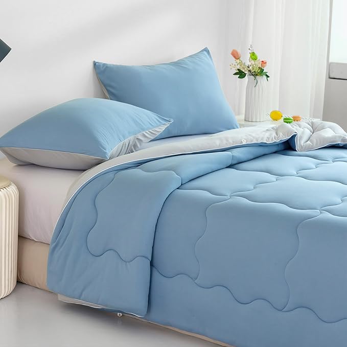 COTTEBED Reversible Blue and Light Gray Bed Comforter Queen Sets, Jersey Knit T-Shirt Feel Ultra-Soft Lightweight Breathable Cozy Bedding Down Quilt Blanket & 2 Pillowsham All Season Use (Full/Queen)