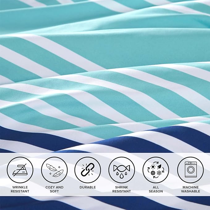 Comfort Spaces Twin XL Comforter Sets with Sheets - Bed in a Bag 6 Pieces Teen Bedding Sets Twin XL, Navy and Grey Stripes Bedding, College Twin Bed Set, 2 Side Pocket Bedroom Organizer Twin XL Navy