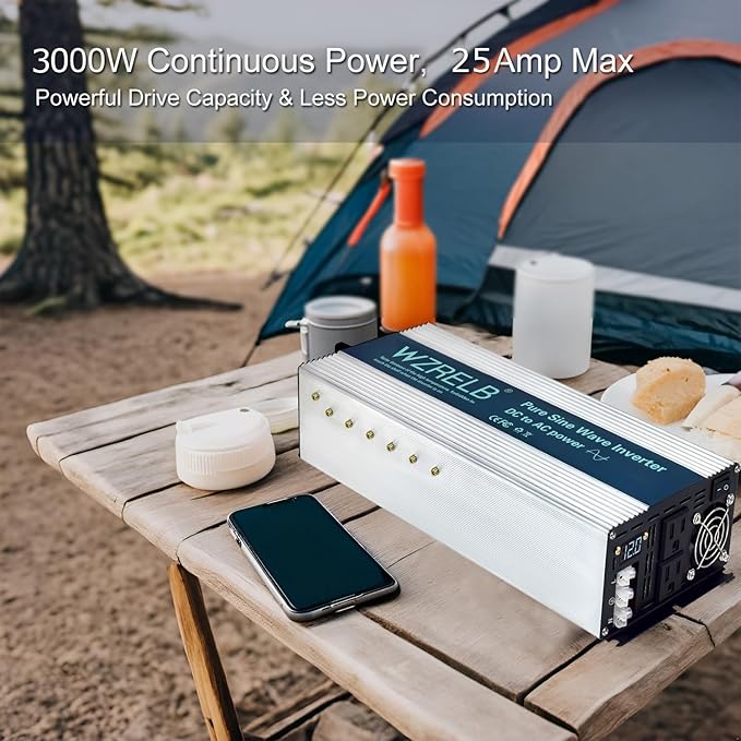WZRELB 3000W Pure Sine Wave Inverter, Car Power Inverter 48V DC to 110V 120V AC Converter for RV, Truck, Solar, Outdoor with Dual AC Outlets, Hardwire Port, Surge 6000W, LED Display,Off-Grid