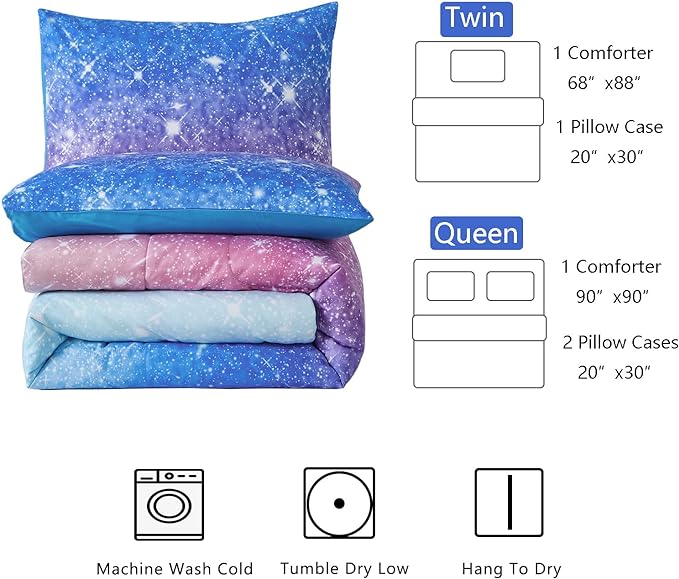 Rainbow Glitter Comforter Set Full/Queen Size for Girls, Sparkle Galaxy Twinkle StarlightTeen,3pc Aqua Blue Purple Pink Ombre Pastel Bedding with 2 Pillow Cases(Rainbow,Queen), Queen(3-Piece)