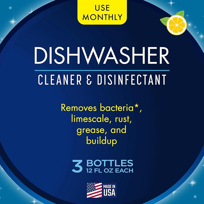Glisten Dishwasher Cleaner, Removes Limescale, Rust, Buildup, and Grease, Lemon Scent, Made in the USA, 12 Ounce Bottle, 3-Pack
