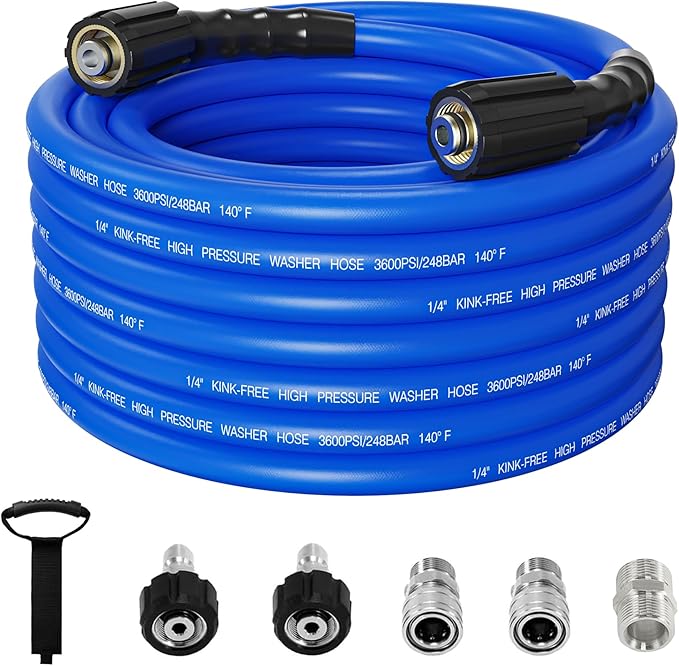 Pressure Washer Hose 50FT 1/4'' Kink Resistant 3600 PSI Power Washer Hose Extension with Leak-Free M22 Female and 3/8" Quick Connection Kit (50FT)