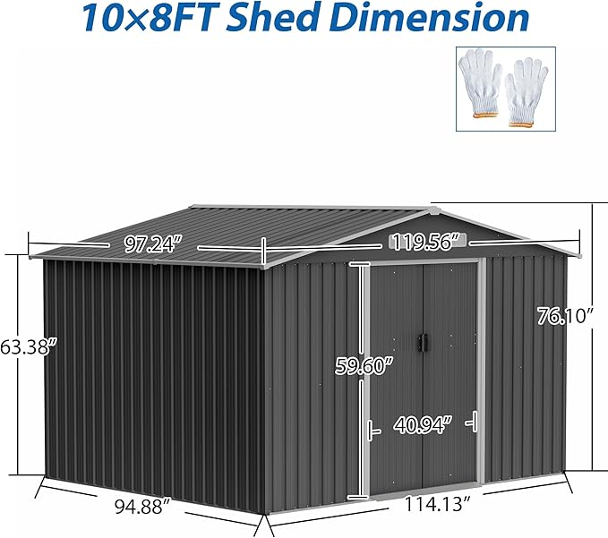 10X8 FT Outdoor Storage Shed, Metal Foundation & Lockable Doors, Tool Shed for Garden, Patio, Backyard, Lawn, Grey