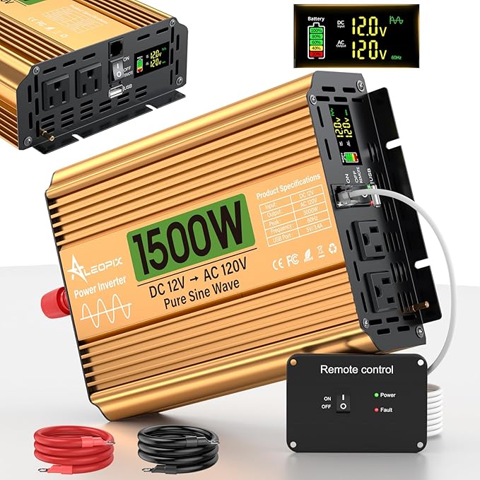 1500 Watt Inverter 12V DC to 110V/120V AC, Pure Sine Wave Inverter for Truck/RV/Home/Solar/Off-Grid, Surge 3000W Pure Sine Power with 2 AC Sockets, 5V 3.4A USB, Digital Display, Remote Controller