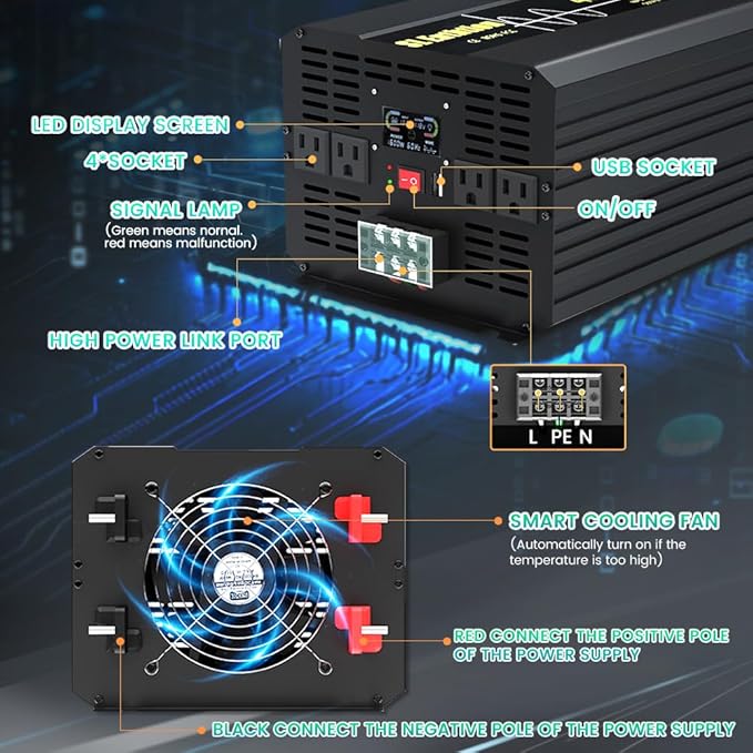 4000W Pure Sine Wave Power Inverter 12V DC to 120V AC 60HZ with LCD Display, USB Port, Wireless Remote Control(10M), Solar, Outdoor