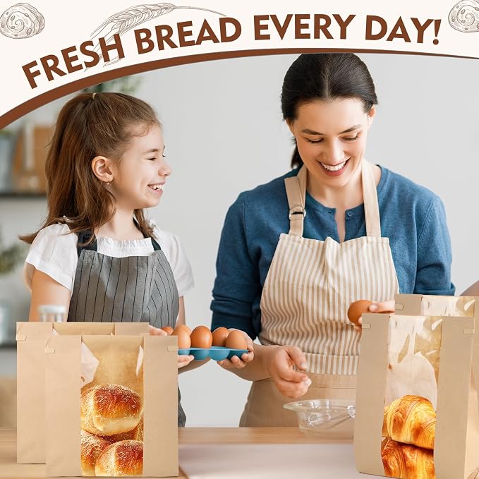 30 Pack Bakery Bags with Window Kraft Paper Bread Bags Bread Loaf Bags with Tin Tie Tab Lock Toast Bags Baked Food Packaging Storage