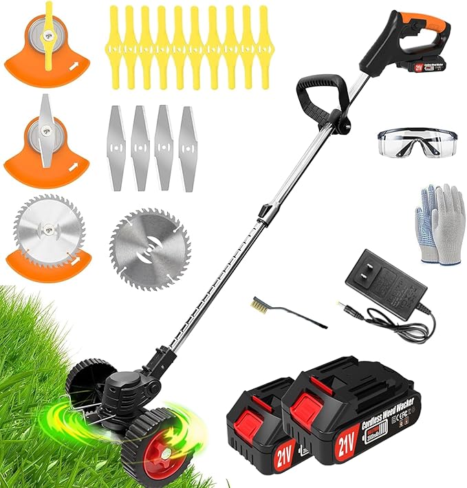Cordless Weed Wacker Eater Electric Battery Powered, 21V Lightweight Weed Trimmer Edger Lawn Tool with 2Pcs 2000mAh Battery, 3 in 1 Stringless Grass Trimmer/Edger/Brush Cutter for Garden Yard Lawn