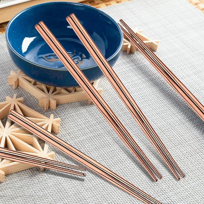 10 Pairs Rose Gold Chopsticks Set Stainless Steel 304 Reusable Non-slip Line Design Metal Chop Sticks for Cooking and Eating Kitchen Utensils Dishwasher Safe Tableware Gift Set
