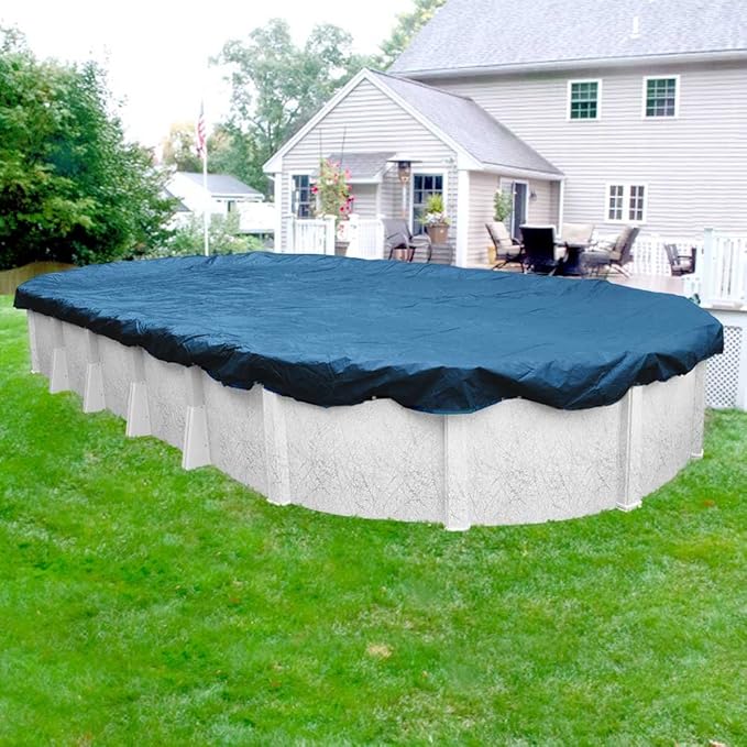 Pool Mate 16 x 25 ft Classic Blue Winter Oval Pool Cover for Above Ground Pools, 4 ft Overlap (20 x 29 ft Cover Size), Solid 8 x 8 Scrim, 2.36 oz/yd2, 10-Year Warranty, Style: 351625-4PM