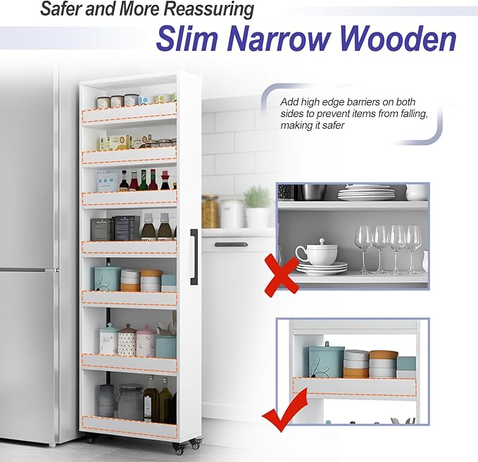 7-Tier Slim Storage Cart, Wooden Rolling Pantry Cabinet with Wheels, Narrow Shelf Organizer for Kitchen, Bakers Rack, Dining Room, Closet, Small Spaces Light Walnut 47.2" H*9.8" W*23.6" D
