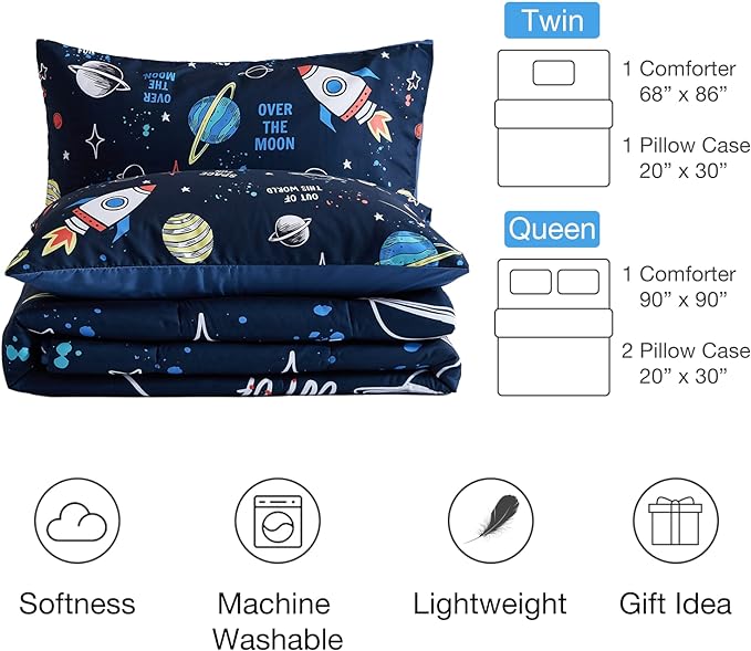 beeweed 3 Piece Kid Comforter Set Queen Size, Space Rocket Bedding Set for Teen Boys Girls