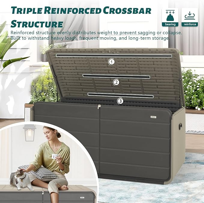 Domi 260 Gallon Outdoor Storage Box – Waterproof, UV-Resistant Deck Box with Lockable Lid for Patio Furniture, Garden Tools, Delivery Packages (Large Resin Storage Bin)
