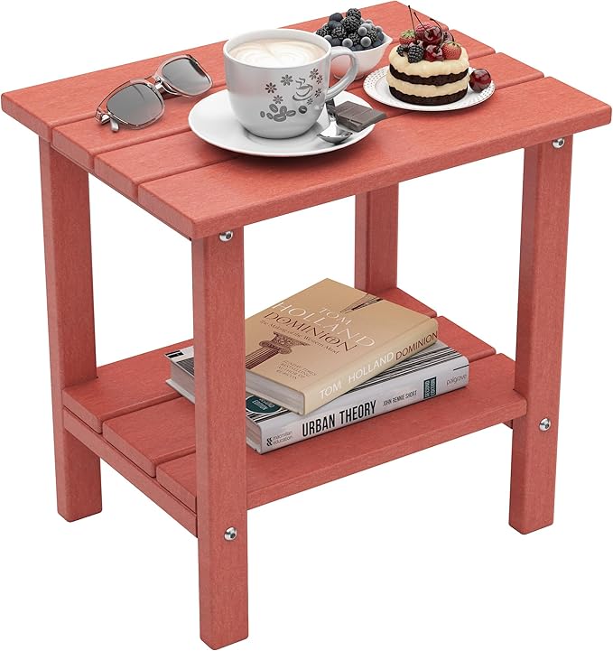 OTSUN Outdoor Side Table, Weather Resistant HDPE Outdoor Table, 2-Tier Small Patio Tables for Outside or Indoor (Red)