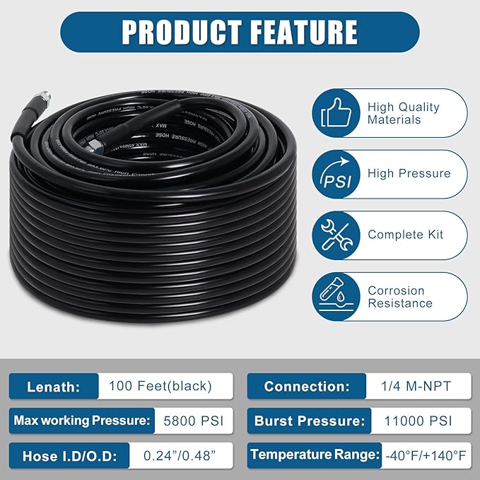 100FT Sewer Jetter Kit for Pressure Washer, 5800PSI Water Jet Durable Drain Cleaner Hose 1/4 Inch NPT Corner with 4 Specialized Nozzles,Waterproof Tape, Pearl Corsage Pin, Handle Strap & 2 Spanners