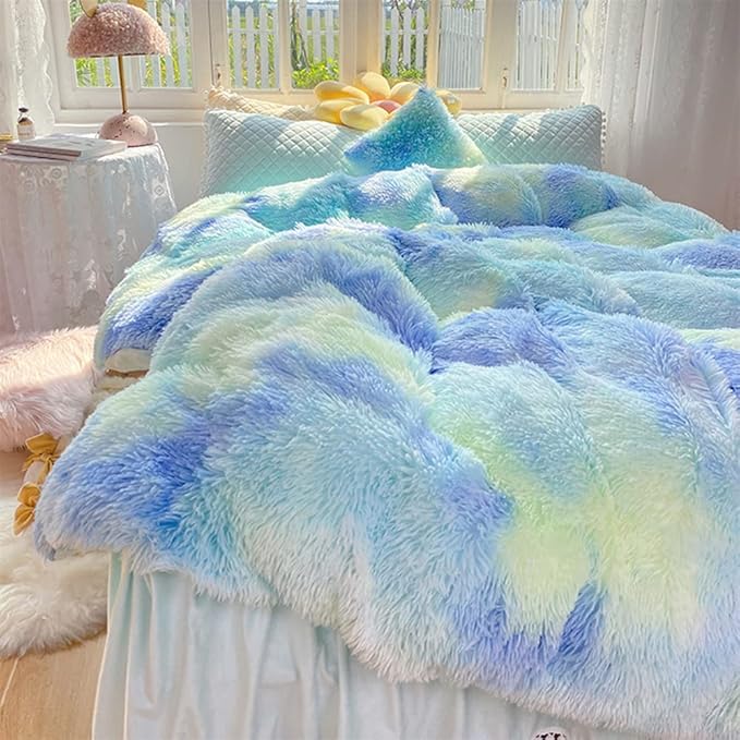 Faux Fur Kids Girls Green Rainbow Comforter Sets King - 3PC Bed Set Warm Comfortable Soft Plush Flannel Velvet Fluffy Fuzzy Bedding(Comforter x 1 Pillowcases x 2)