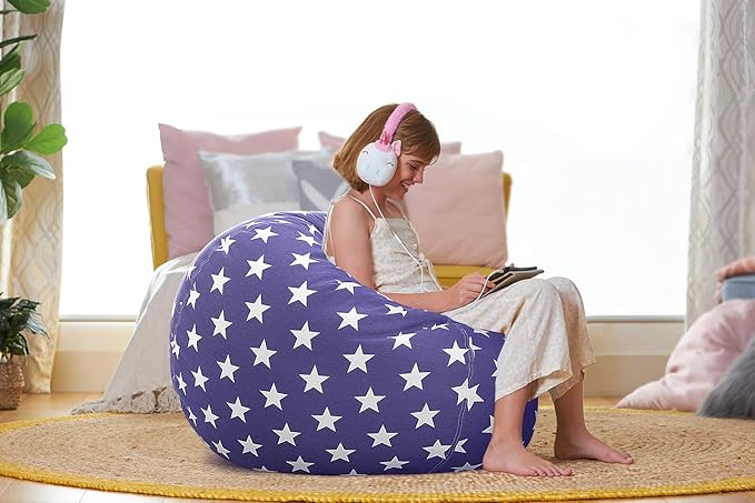 Aubliss Stuffed Animal Storage Bean Bag Chair Cover (No Beans),Stuff and Sit Storage Bean Bag for Kids Toy Storage, Large 38"-Canvas Stars Royal Blue