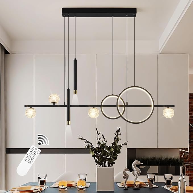 ORANOOR Modern LED Pendant Lights, Dimmable 47inch Linear LED Chandelier | Upgraded Black & Gold Dining Room Hanging Light Fixtures Kitchen Island Globe Pendant Lighting for Dining Table (4200lm)