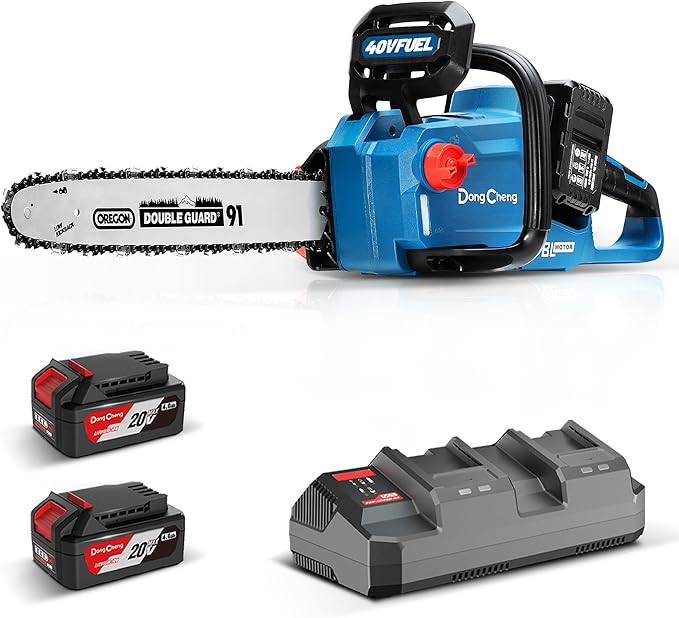 Dong Cheng Brushless Cordless Chainsaw 16 Inch, 40V Battery Chainsaw with Tool-Free Chain Tensioning, Instant-Stop Chain Brake, Includes 2 × 4.0Ah Batteries & Charger, Ideal for Tree & Wood Cutting