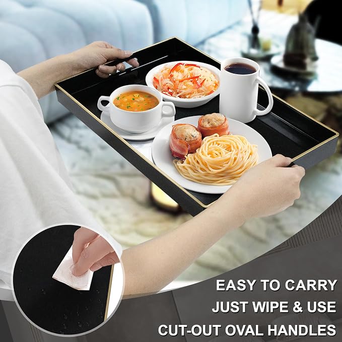 MAONAME Black Decorative Tray for Coffee Table, Serving Tray with Handles | Plastic Melamine Tray, Modern Ottoman Tray, Rectangular Countertop Organizer Tray for Living Room, 15.8"L x 10.2"W x 1.4"H