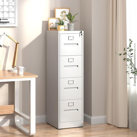 4 Drawer File Cabinet,Metal Filing Cabinets with Lock,White Vertical File Cabinet for Home Office,Heavy Duty Metal Storage Cabinet for A4/Letter/Legal Size File,Assembly Required