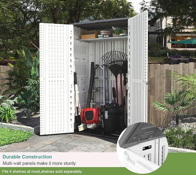 Outdoor Storage Shed,KINYING Outdoor Storage Cabinet Waterproof with Double Doors,52 Cu.ft Resin Vertical Tool Shed for Garden,Patio,Backyard,4×2.5×6.6 FT