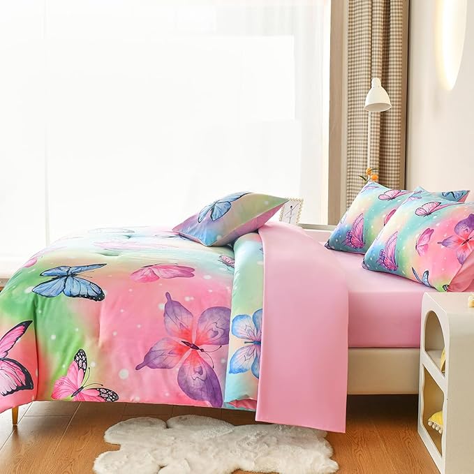Butterfly Bedding Set Full, Pink Butterfly Comforter Set for Girls Kids Teens 6 pcs Bed in a Bag Full Bedding Sets for Girls