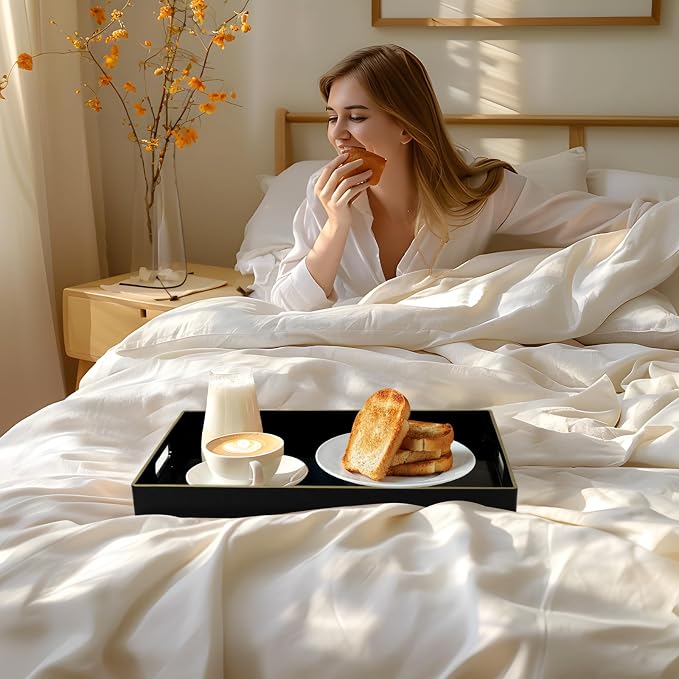 MAONAME Black Decorative Tray for Coffee Table, Serving Tray with Handles | Plastic Melamine Tray, Modern Ottoman Tray, Rectangular Countertop Organizer Tray for Living Room, 15.8"L x 10.2"W x 1.4"H