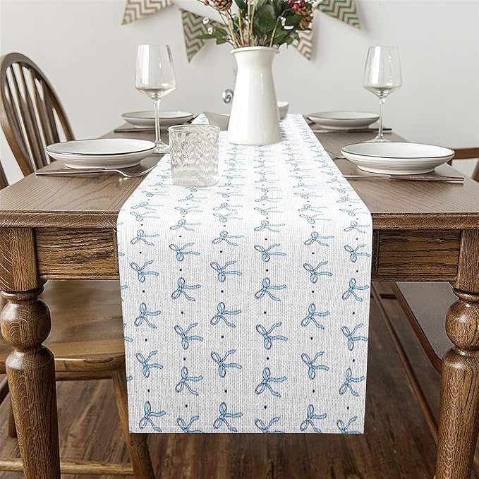 jejeloiu Blue Bowknot Table Runner Bow Tie Kitchen Dining Table Decoration Cute Dots Print Dresser Scarfs Dresser Runners Aesthetic Coquette Table Decoration for Kitchen Dinning 13" x 60"