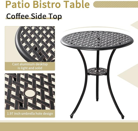 3 Piece Bistro Patio Set Cast Alumiunm Patio Furniture Set,All Weather Bistro Table and Chairs Set of 2 with 1.97" Umbrella Hole,Outdoor Patio Bistro Sets for Garden(Antique Bronze)