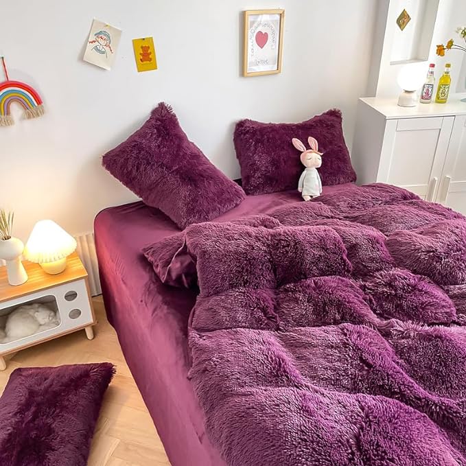 Faux Fur Kids Girls Grape Purple Comforter Sets Twin/Full - 3PC Bed Set Warm Comfortable Soft Plush Flannel Velvet Fluffy Fuzzy Bedding(Comforter x 1 Pillowcases x 2)