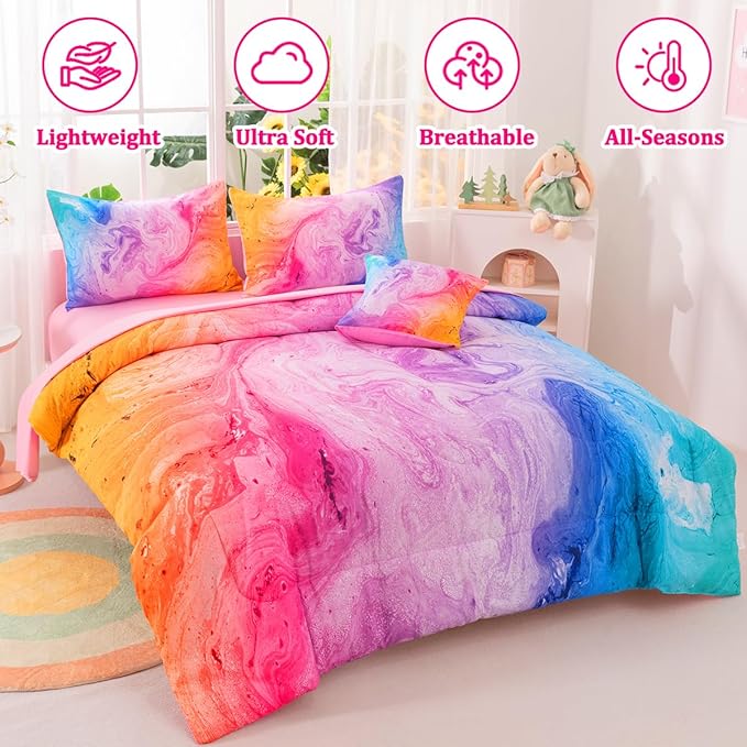 Girls Full Bedding Sets, 6 Pcs Pink Full Szie Comforter Set with Sheets, Watercolor Marble Abstract Art Superior Bedding Set for Girls Kids