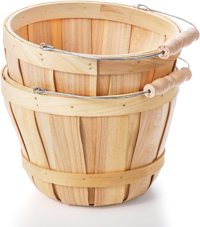 Okllen 2 Pack Round Wooden Baskets with Handle, Empty Wood Fruit Buckets, Easter Basket Fall Harvest Basket for Display Fruits Vegetables, Home Garden and Party Supplies, Natural Color
