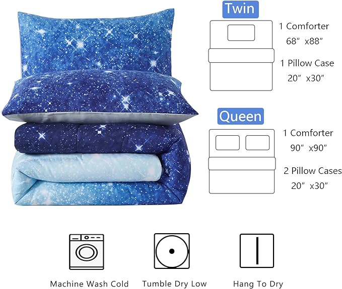 Blue Glitter Comforter Set Full/Queen Size for Boys Girls, Sparkle Galaxy Twinkle Starlight Kids Teen, 3 Piece Aqua Navy Ombre Bedding with 2 Pillow Cases(Blue,Queen), Queen(3-Piece)