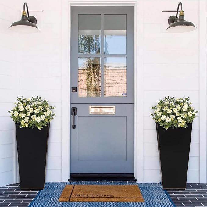 Metallic Taper Planter, 26 Inch Tall Tapered Planter for Front Porch, Patio, Deck, Garden Indoor/Outdoor Tree Planters, Set of 2 Black with Copper Hand Brushed Rim