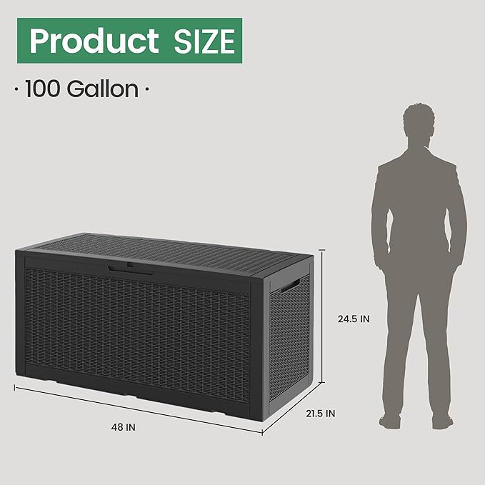 100 Gallon Storage Box, Waterproof Resin Deck Box with Hydraulic Piston Design, Lockable Storage Bench for Package Delivery, Storage Bin for Patio Cushions, Garden Tools, Black
