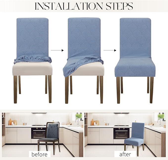 MOSAYT 100% Waterproof Dining Room Chair Covers Set of 4, Super Fit Stretch Jacquard Parson Chairs Slipcovers Removable Washable Chair Seat Protectors for Home, Kitchen, Banquet (Light Blue - XL)