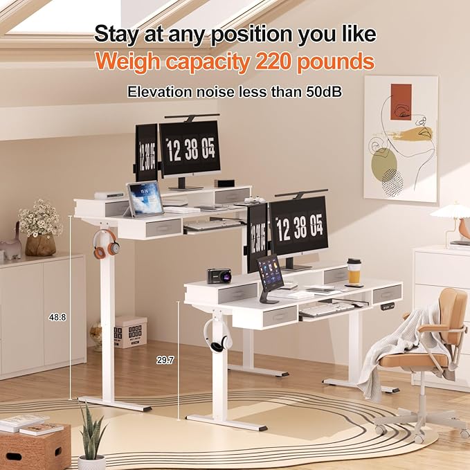 Electric Standing Desk, Multifunctional Standing Desk Adjustable Height, 55 * 24 Standing Desk with 4 Drawers, Ergonomic Adjustable Standing Desk with Keyboard Tray, Snow White