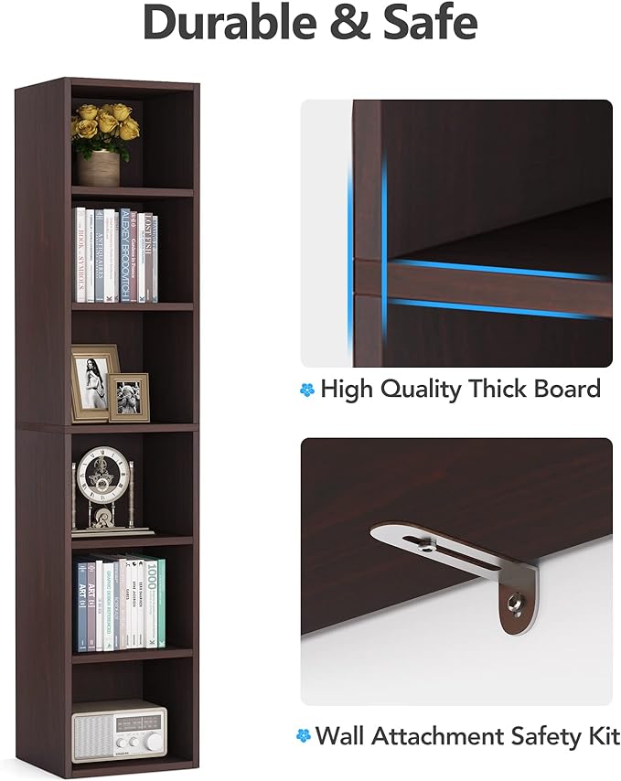 70.9 Inch Tall Narrow Bookcase, Corner Bookshelf 6 Tier Cube Display Shelf Storage Organizer for Small Space, Brown