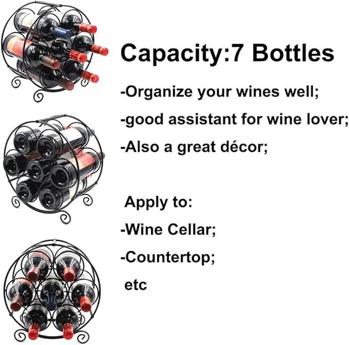 PAG 7 Bottles Freestanding Countertop Wine Rack, Metal Small Table Top Wine Rack, Drink Organizer Bottle Holder, Kitchen Organizers and Storage, Black