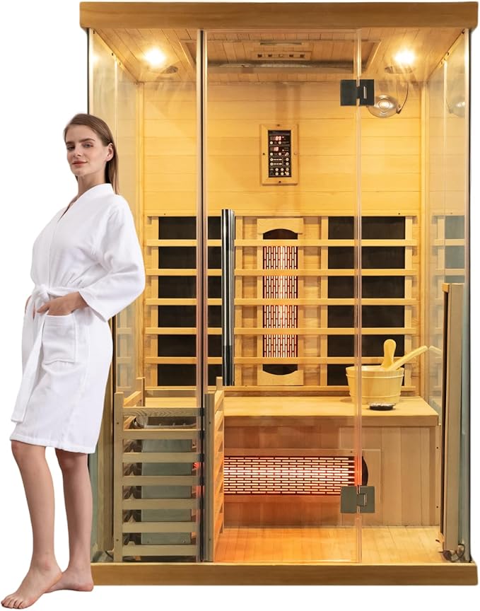 ZONEMEL Hybrid Wooden Sauna for 2-3 Person, Far Infrared & Steam Dual-System, 2100W 220V, 3.5KW Heater, 6 Heating Elements and Sauna Stove, 8mm Tempered Glass, Oxygen Bar, 7-Color Lights