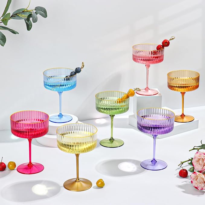 24 PCS Ribbed Coupe Glasses Amber Plastic Champagne Coupe Cup 10oz Detachable Gold Rim Espresso Martini Glass Vintage Margarita Glassware Cocktail Glass Disposable for Thanksgiving Wedding