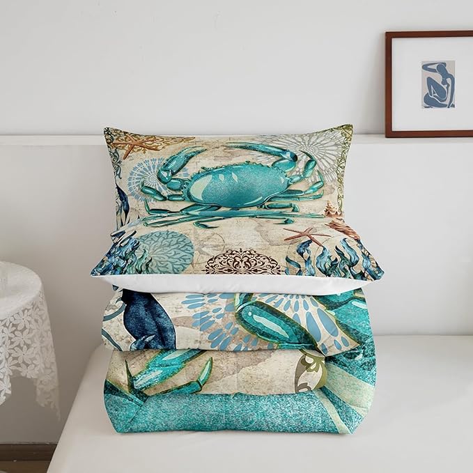 Sea Beach Theme Comforter Set Kids Beach Crabs Print King Bedding 3D Sea Animal Crab Luxury Microfiber Quilted Duvet Set with 2 Pillowcases,Soft Lightweight Marine Life Decorative Bedding Soft Fluffy