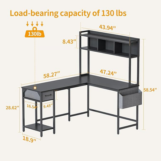 BANTI L Shaped Desk with Hutch, 58 inch Corner Computer Desk with Drawer,Home Office Gaming Table Workstation with Storage Bookshelf, Black