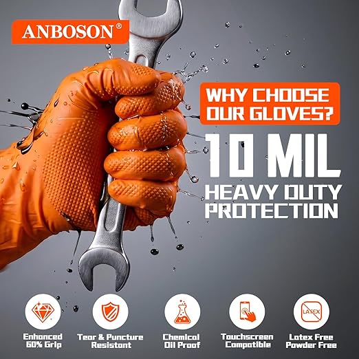 ANBOSON 10 Mil Heavy Duty Mechanic Nitrile Gloves, Large Orange 100 Count | Diamond Grip,Latex Free,Chemical Resistant Disposable Thick Rubber Gloves for Auto Repair, Industrial, Food, Work ,BBQ,Men