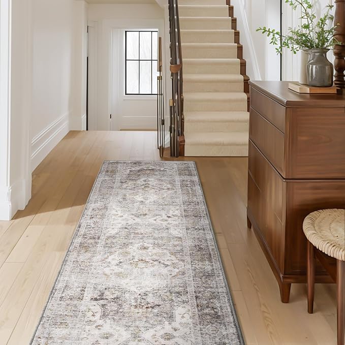 AMOAMI-2X10 Runner Rug-Washable Runners for Hallways-Soft Non Slip Bedside Rugs for Bedroom-Vintage Long Rug for Hallways Entryway Laundry Room Stair Kitchen Bathroom Grey