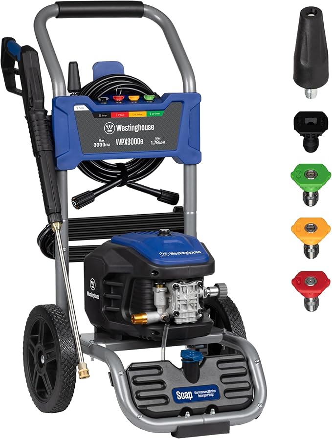Westinghouse WPX3000e Electric Pressure Washer, 3000 Max PSI and 1.76 Max GPM, Induction Motor, Onboard Soap Tank, Spray Gun and Wand, 5 Nozzle Set, for Cars/Fences/Driveways/Homes/Patios/Furniture