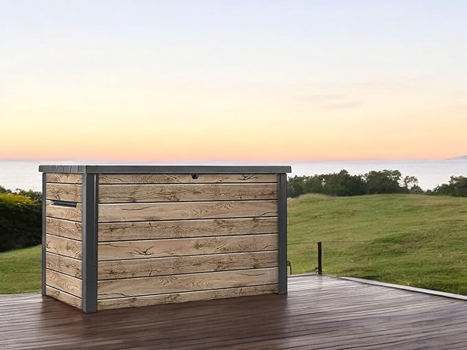 Outdoor Storage Box, Wood-Look Resin Deck Container, Indoor/Outdoor Storage, Ash Wood Brown (230 Gallon)