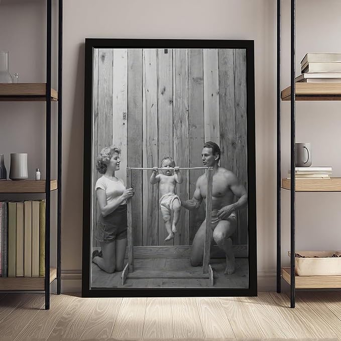 UXCBIA Baby Doing Pull-ups, Bodybuilder Family Black And White Retro Poster Canvas Poster Bedroom Decor Sports Landscape Office Room Decor Gift Black Frame 12x18in(30x45cm)